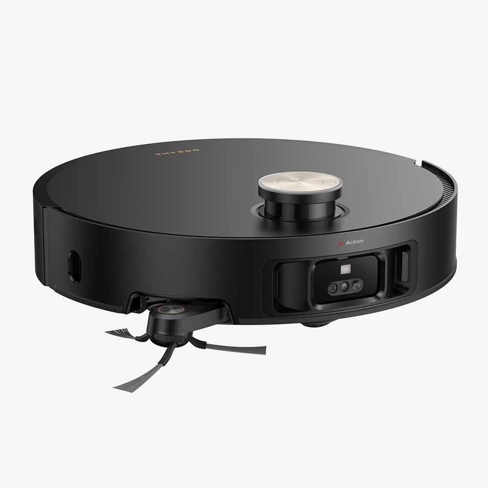 AI-powered camera and a retractable navigation sensor for cleaning under low furniture.