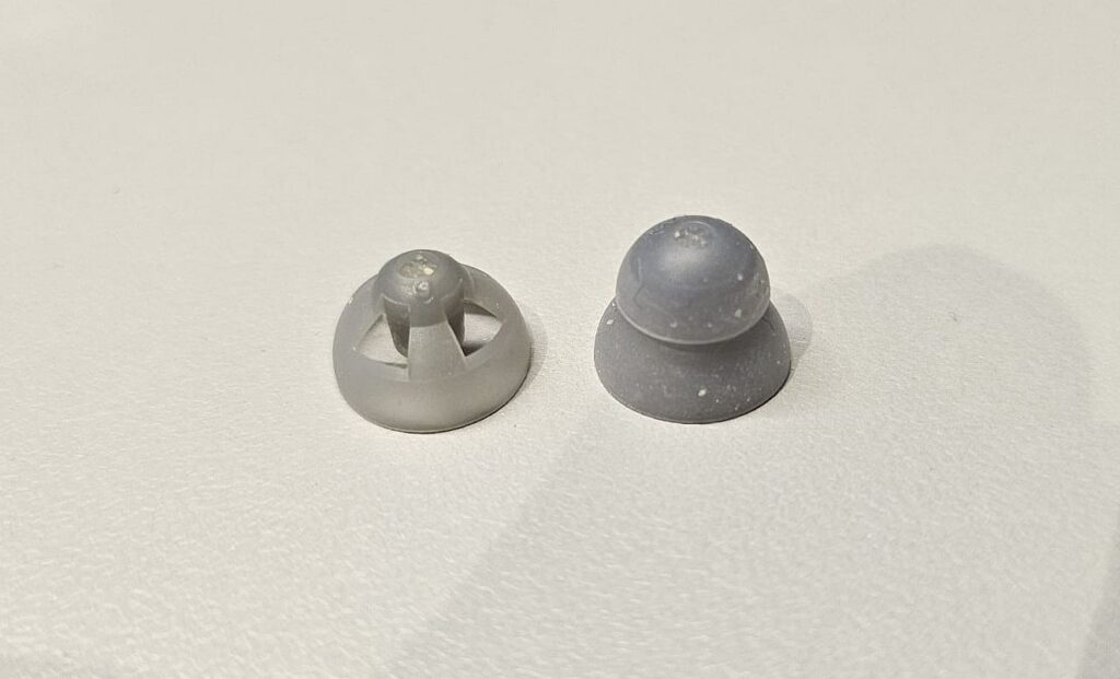 Two types of silicone tips for BTE hearing aids