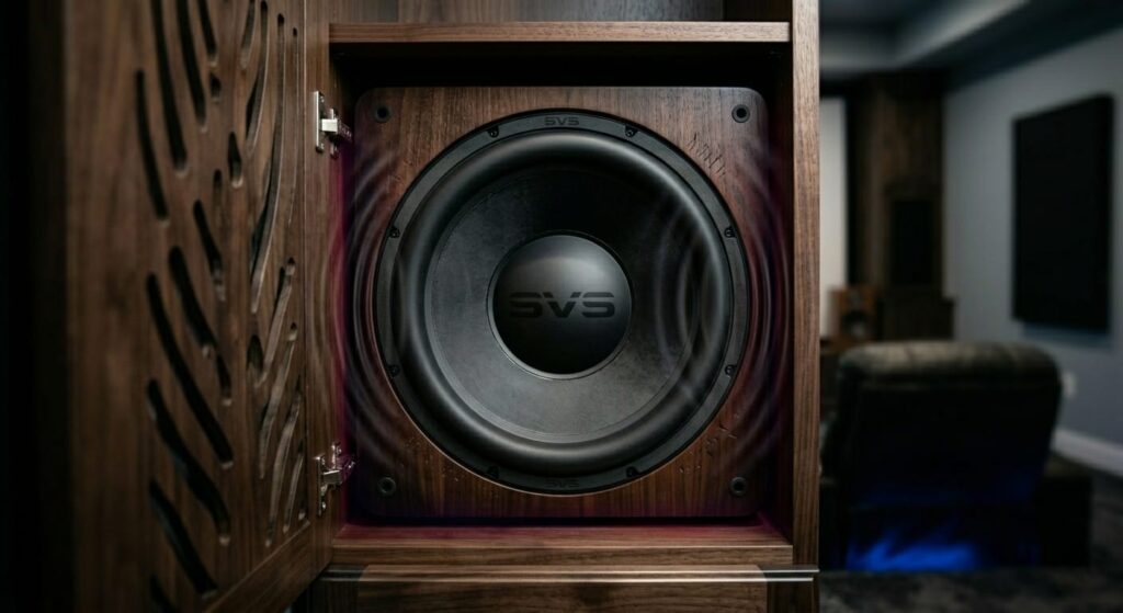 Subwoofer hidden inside a cabinetry