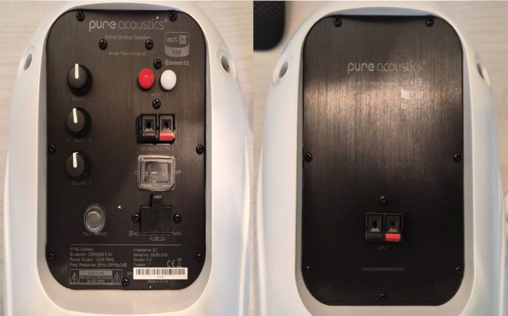 Powered speaker is connected to power and linked to the passive speaker using the supplied cable