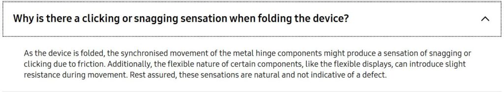 Samsung explanation about Why is there a clicking or snagging sensation of folding phones